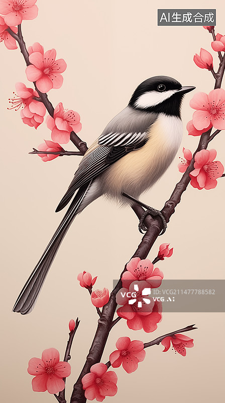 【AI数字艺术】鸟栖息在樱花上的特写镜头，春天背景，春天 ，背景，花图片素材