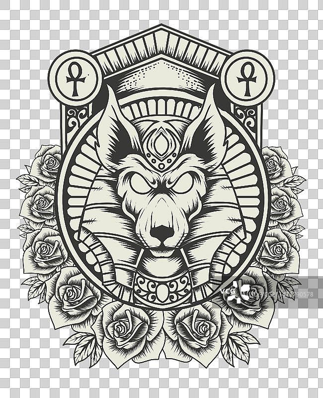 古埃及阿努比斯神与复古玫瑰图片素材