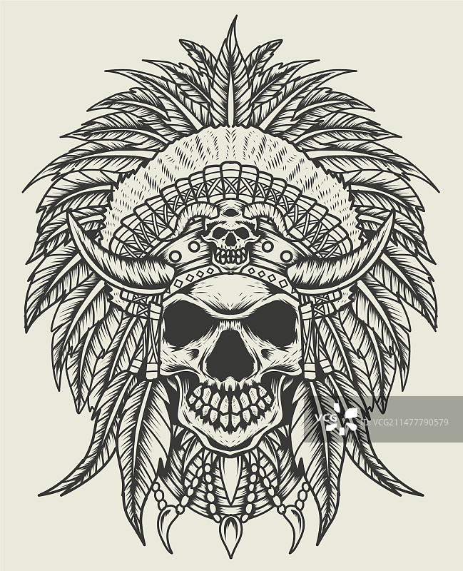 印第安阿帕奇骷髅头单色风格图片素材