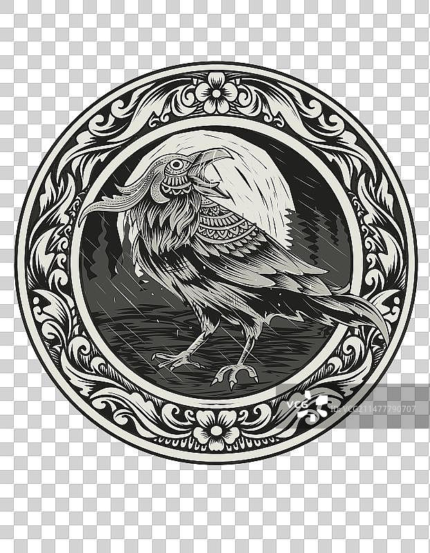 带有复古雕刻装饰的乌鸦图片素材