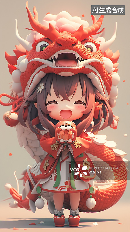 【AI数字艺术】中国龙年春节国潮风小女孩和龙泡泡玛特风格玩具设计图片素材