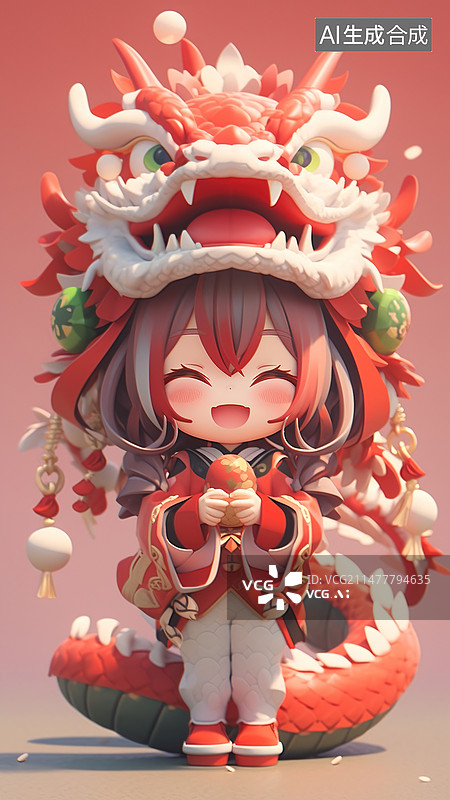 【AI数字艺术】中国龙年春节国潮风小女孩和龙泡泡玛特风格玩具设计图片素材