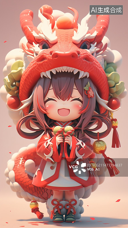 【AI数字艺术】中国龙年春节国潮风小女孩和龙泡泡玛特风格玩具设计图片素材