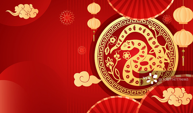 金红色剪纸风格十二生肖巳蛇图案矢量插画海报图片素材