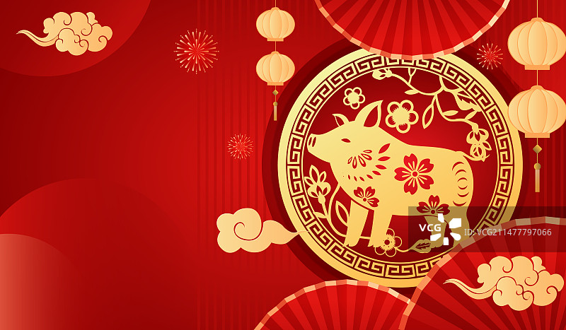 金红色剪纸风格十二生肖亥猪图案矢量插画海报图片素材