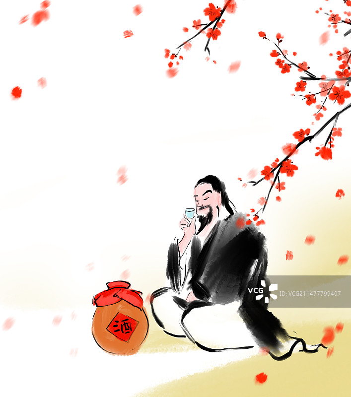 春天梅花喝酒的神仙插画酒仙图图片素材