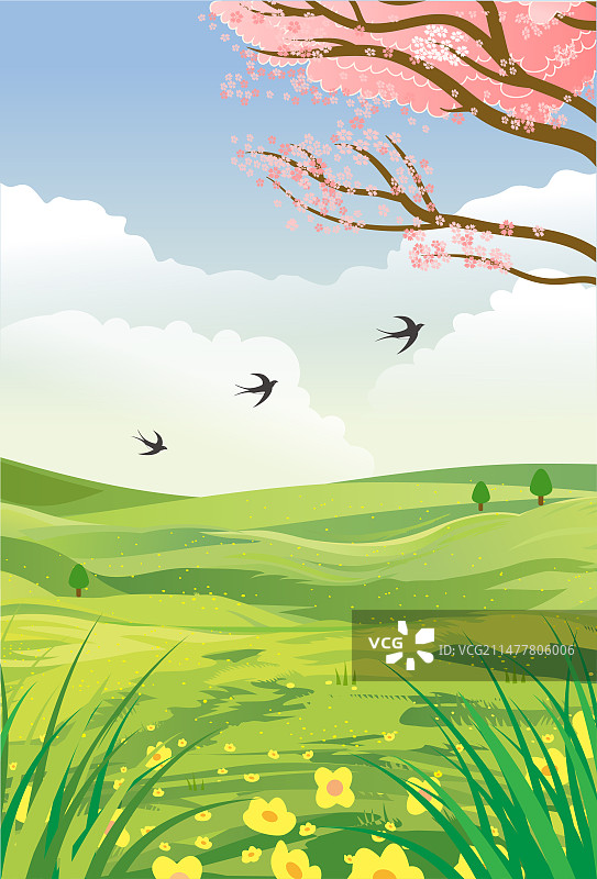 矢量二十四节气系列插画-春天 户外的田野风景 绿色小清新插画横版图片素材