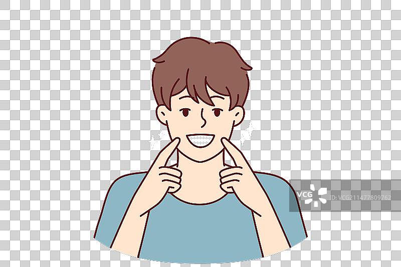 男人咧嘴笑着，用手指着嘴图片素材