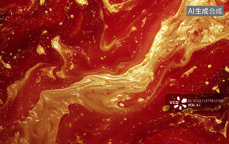 【AI数字艺术】金色黄金液体流体纹理与红色背景图片素材