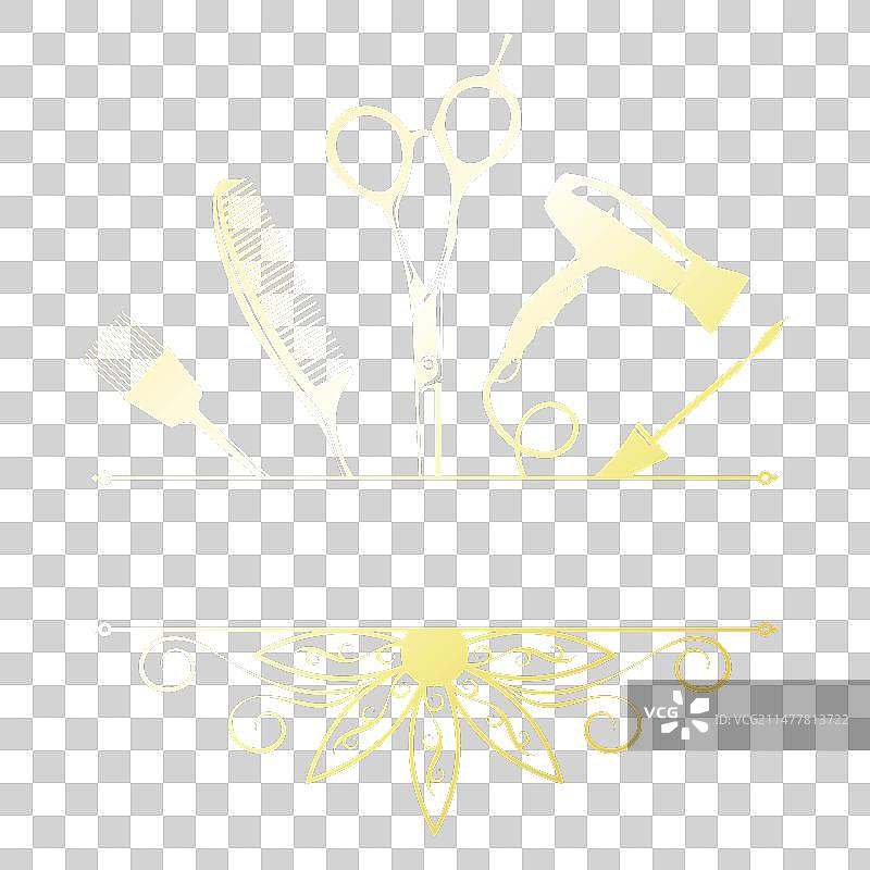 金色梳子、剪刀、吹风机和一绺头发图片素材