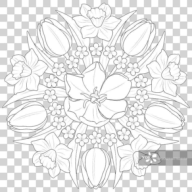 黑白圆形春季花卉曼陀罗图片素材