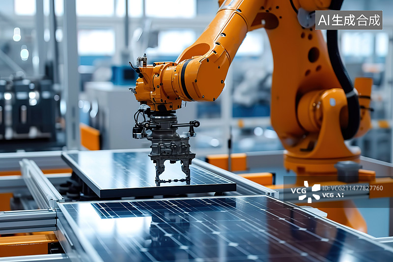 【AI数字艺术】自动化光伏工厂里机械臂生产太阳能电池板图片素材