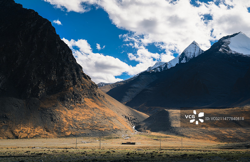 雪山脚下牧羊人的家图片素材