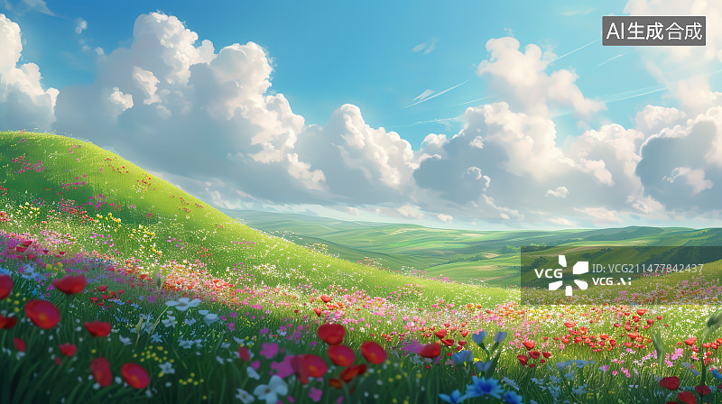 【AI数字艺术】蓝天白云下草地上的野花图片素材