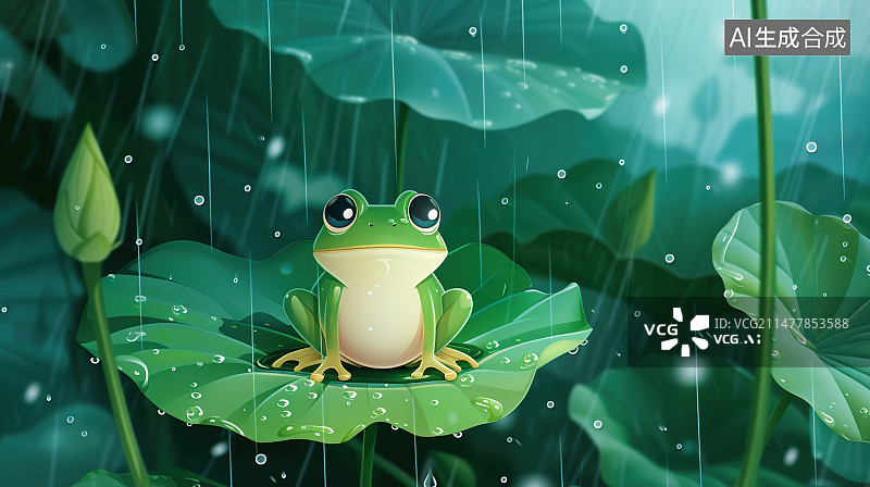 【AI数字艺术】雨水天荷叶上的可爱小青蛙图片素材