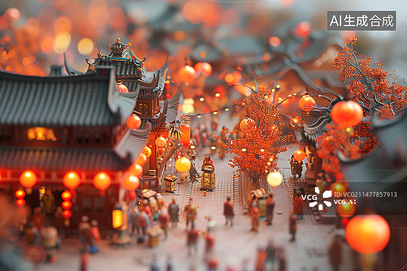 【AI数字艺术】春节期间张灯结彩的中国风小镇微缩模型图片素材