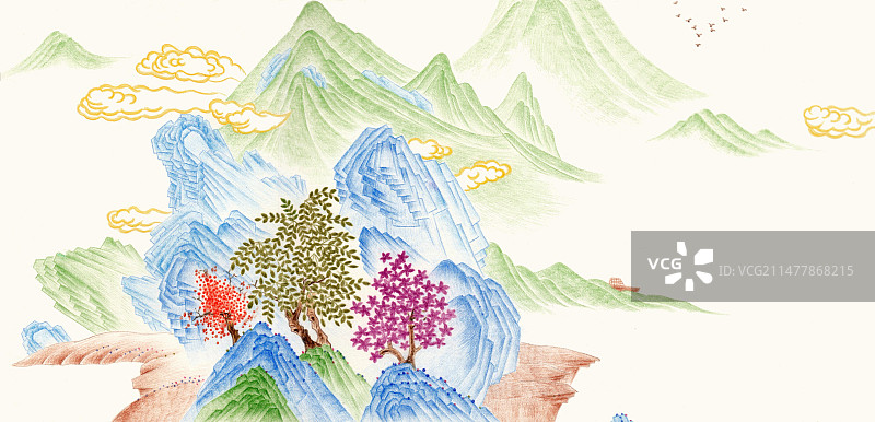 彩铅手绘青绿山水插画图片素材