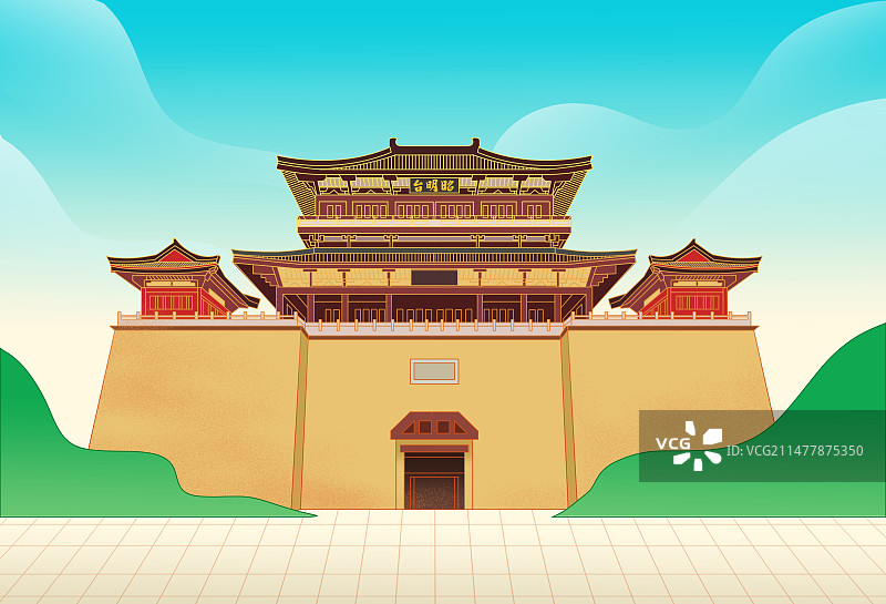 中国风新中式古风古典传统文化古文化古建筑湖北襄阳襄樊古城墙城楼亭台楼阁风景插画图片素材