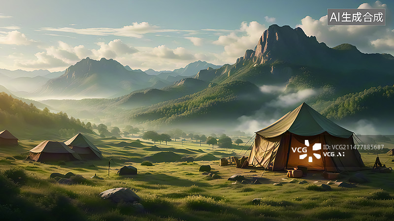 【AI数字艺术】高山草原帐篷露营图片素材