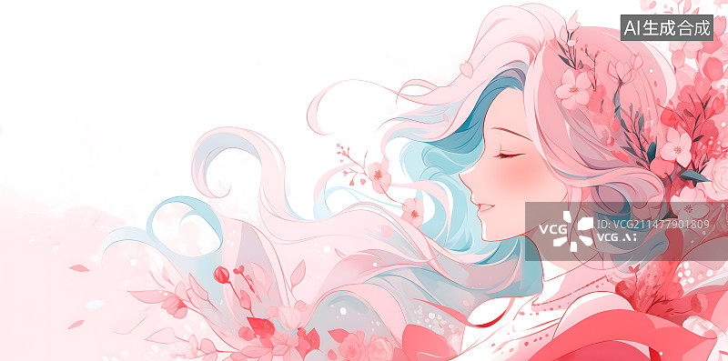 【AI数字艺术】妇女节美丽的长发女人侧面特写背景插画图片素材