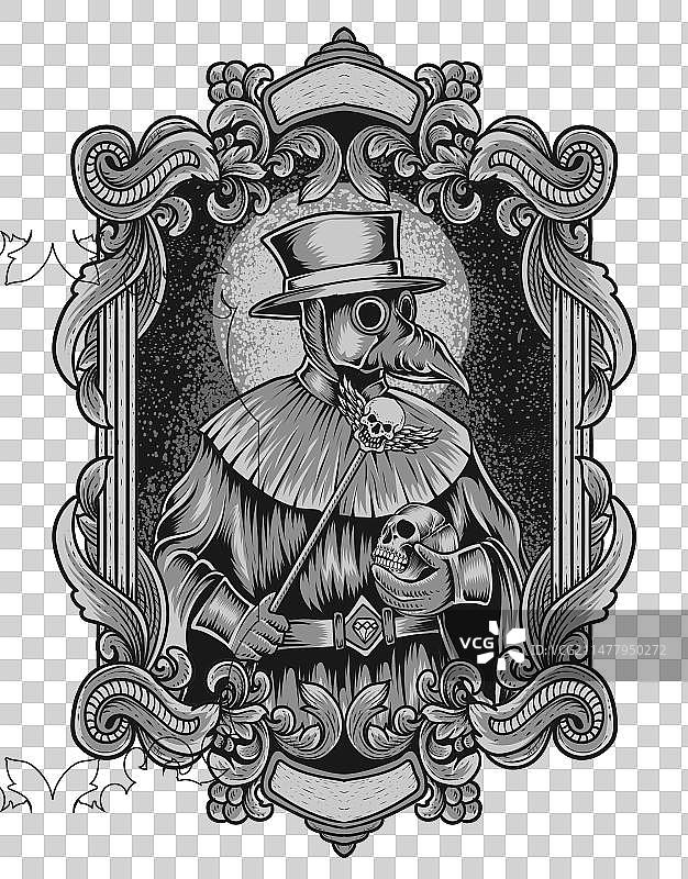 复古装饰画框上的瘟疫医生图片素材