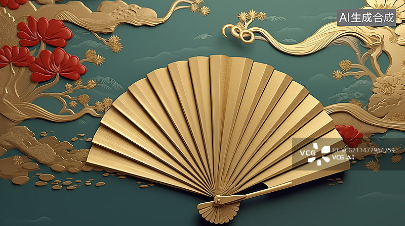 【AI数字艺术】传统新年物品，传统折扇，扇子 ，背景，新年背景图片素材