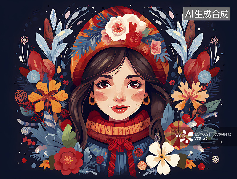 【AI数字艺术】新年快乐的小女孩插画图片素材