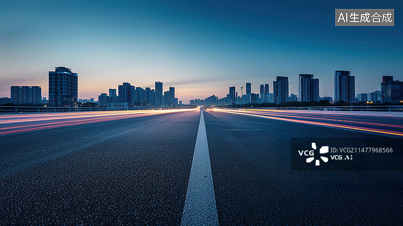 【AI数字艺术】笔直的柏油路面夜景城市背景汽车广告背景图图片素材