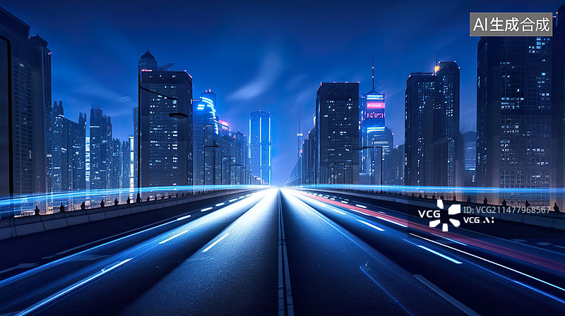 【AI数字艺术】笔直的柏油路面夜景城市背景汽车广告背景图图片素材