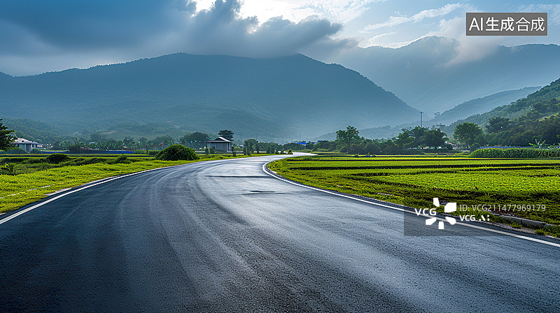 【AI数字艺术】山间平坦公路汽车广告背景图图片素材