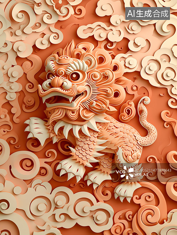 【AI数字艺术】剪纸风格舞狮子图片素材