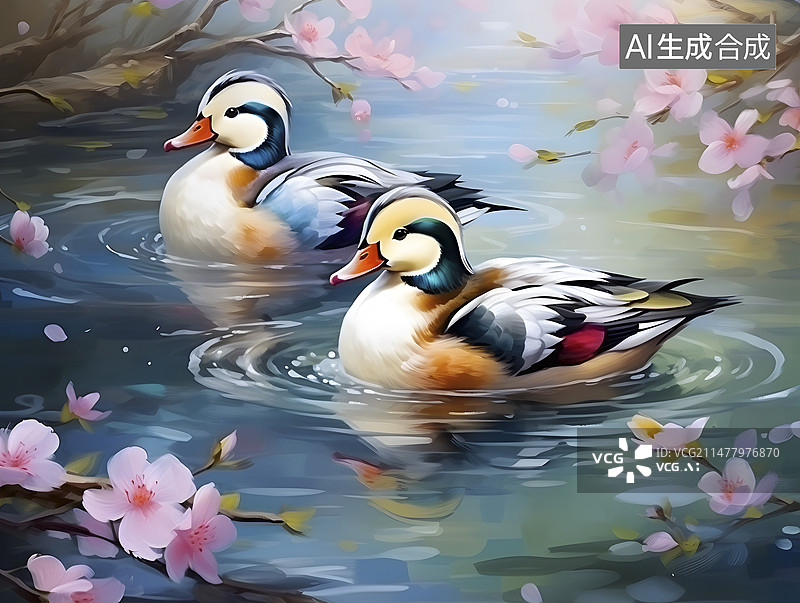 【AI数字艺术】春天鸳鸯戏水图片素材