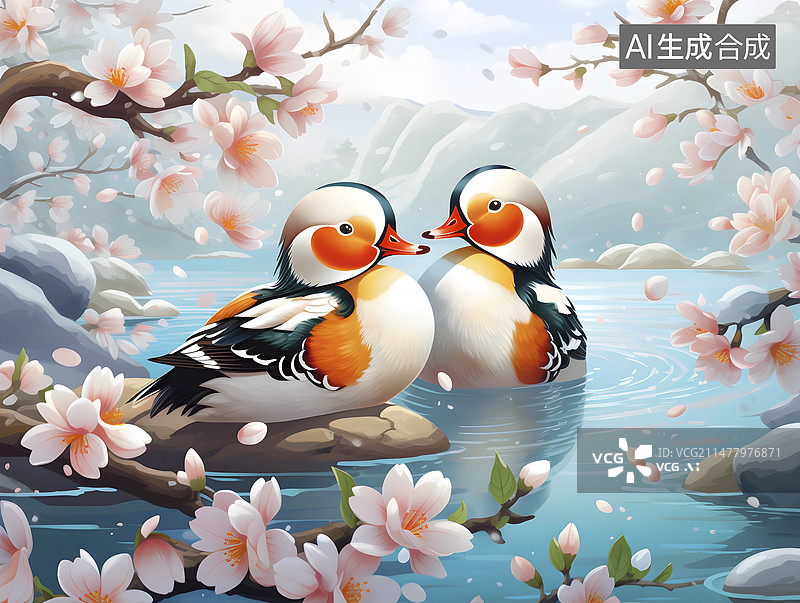 【AI数字艺术】春天鸳鸯戏水图片素材
