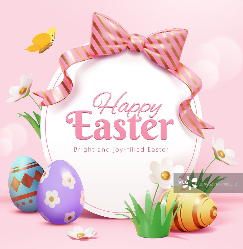 三维复活节彩蛋贺图 粉红背景图片素材