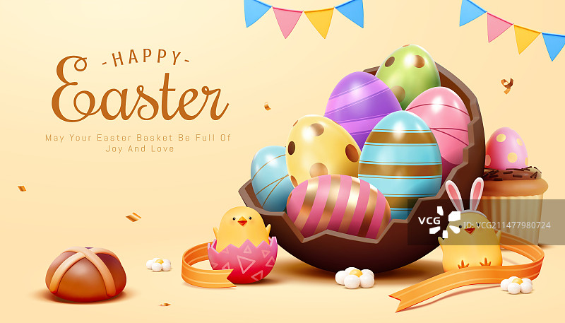 三维复活节巧克力壳里的彩蛋与可爱小鸡图片素材