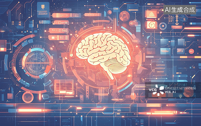 【AI数字艺术】蓝色光线下的脑机接口通信图片素材