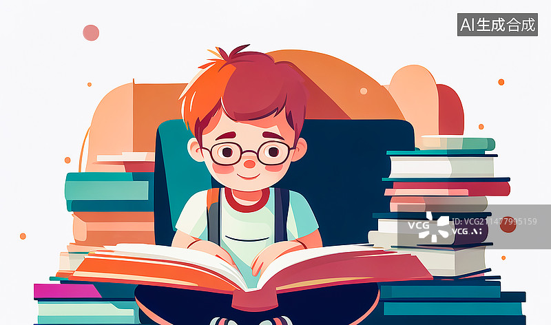 【AI数字艺术】男孩看书扁平插画图片素材