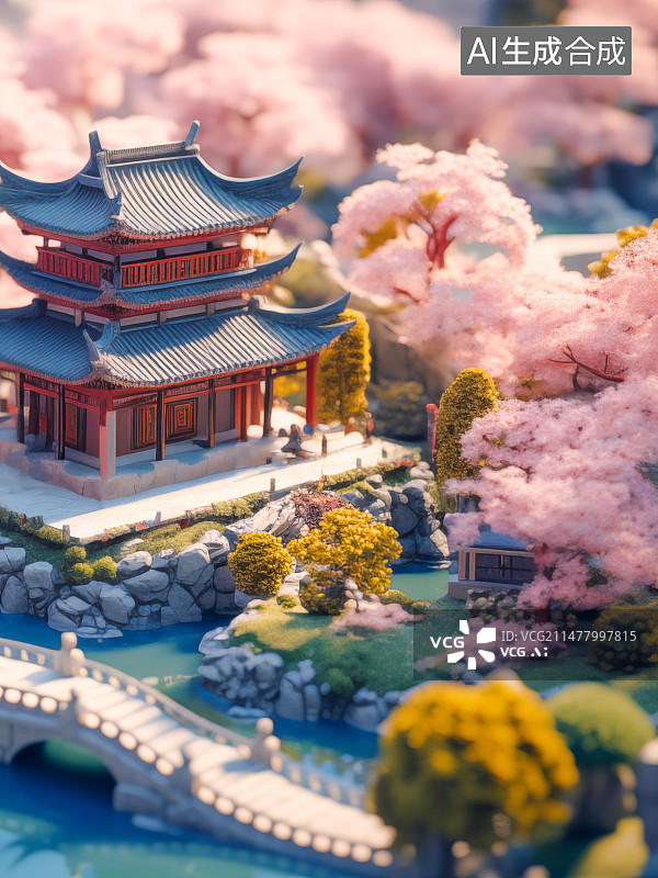 【AI数字艺术】中国古典园林，春暖花开，微缩景观场景图片素材