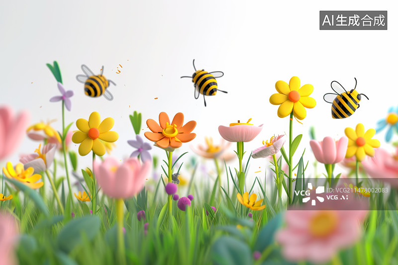 【AI数字艺术】野花上采蜜的蜜蜂图片素材