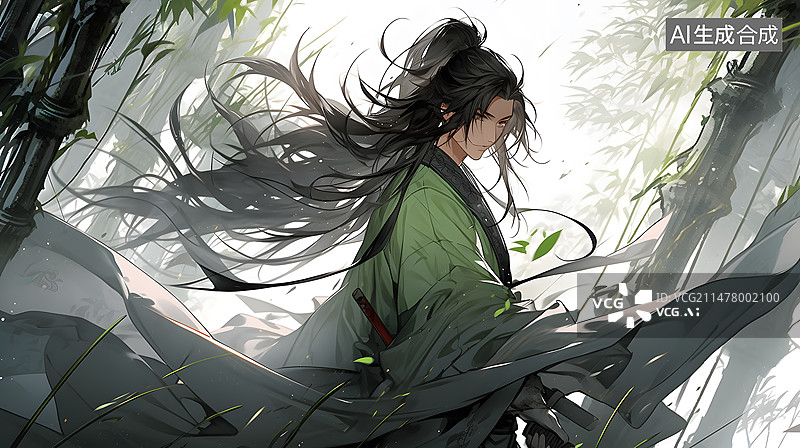 【AI数字艺术】竹林侠客插画图片素材
