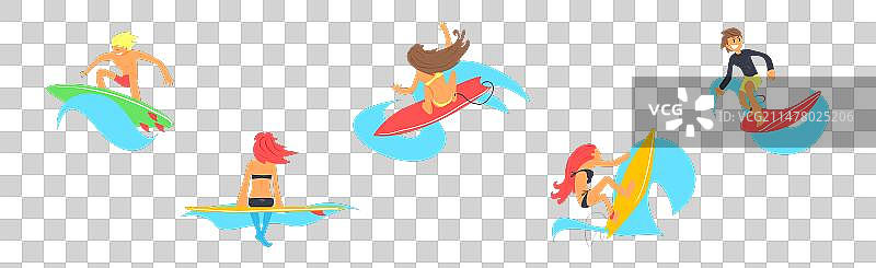 男女冲浪者角色乘海浪图片素材