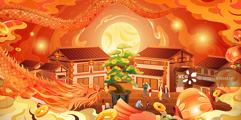 2024龙年新年场景国潮插画图片素材