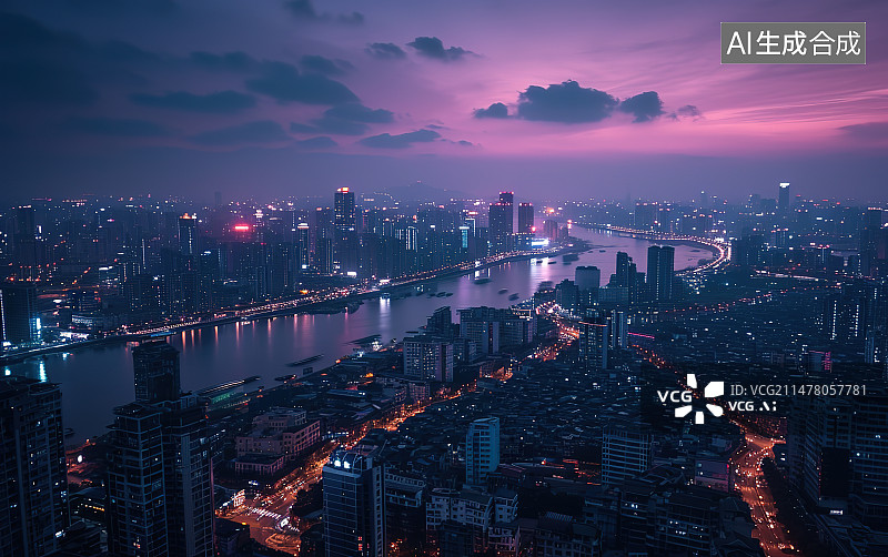 【AI数字艺术】城市风光夜景全景图片素材