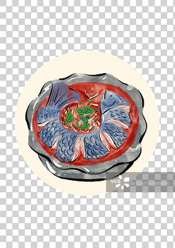 水墨风贵州美食插画元素-酸汤鱼图片素材