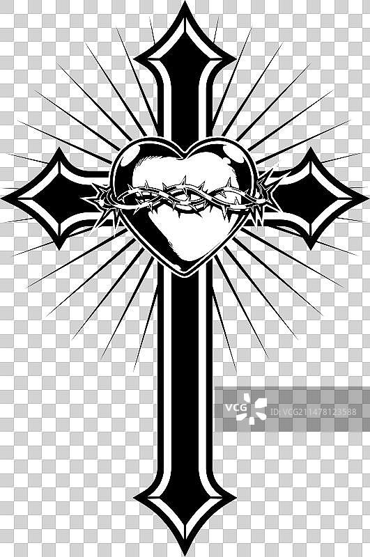 带心形和荆棘冠冕的基督教十字架图片素材