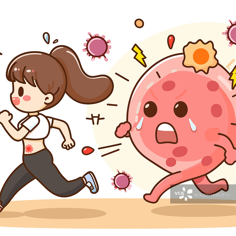 女孩奔跑躲避细菌和脂肪细胞图片素材