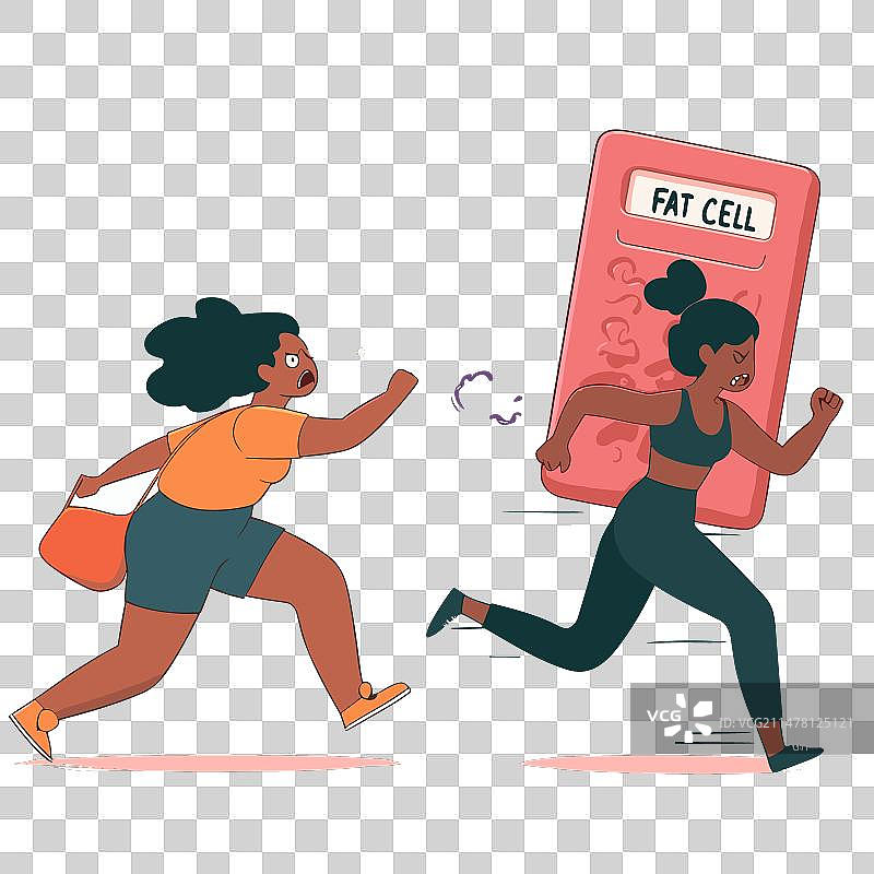 女孩奔跑躲避细菌和脂肪细胞图片素材