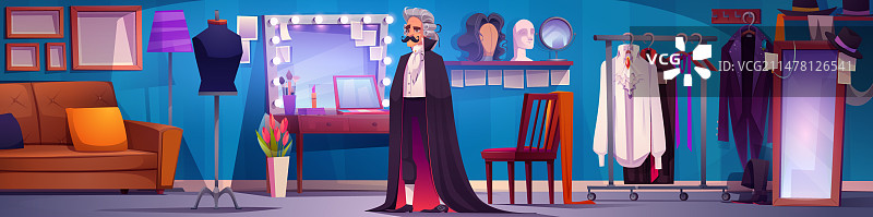 男人在后台化妆间镜子前穿衣图片素材