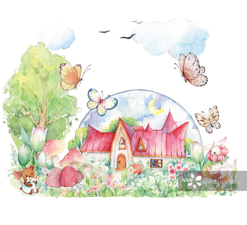 水彩手绘童话故事春天里森林后花园红色的建筑小房子小兔子和小熊仔儿童卡通插画书插图片素材