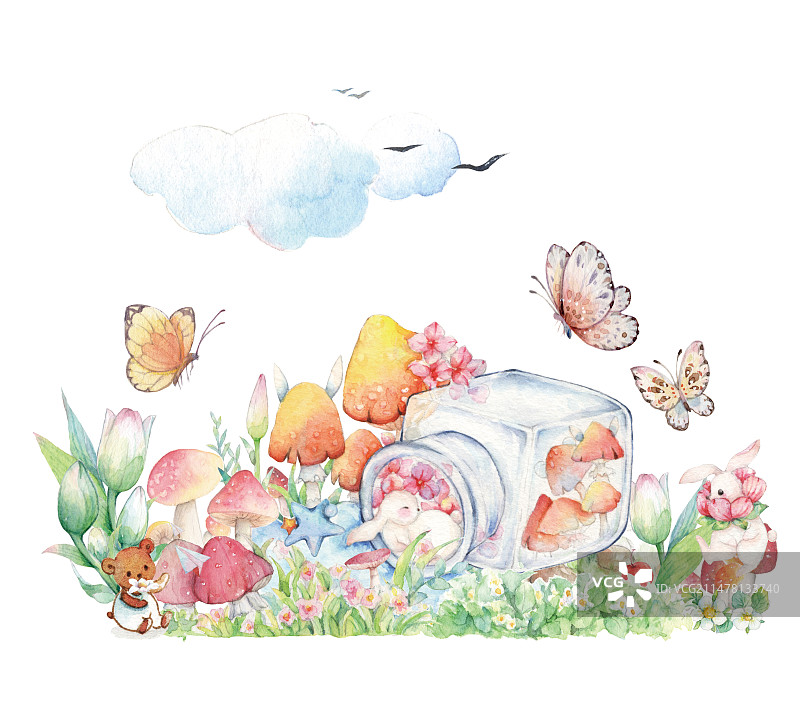 水彩手绘童话故事森林王国户外蘑菇丰收节在玻璃瓶休息睡觉甜美梦乡的小白兔小熊童趣儿插绘本插画图片素材